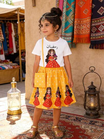 3pcs/Set Girls' Ramadan Themed Outfit: Cartoon Princess Print Short Sleeve Top + Star Skirt + Crossbody Bag, Children's Festival Style