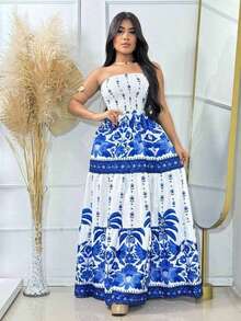 Long Strapless Floral Print Dress For Summer, Women's Fashion, And Carnival. - Blue - View 3