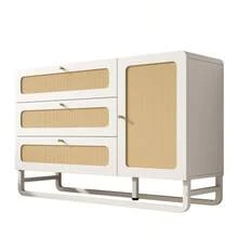 White Rattan Chest Of Drawers With Gold Handles, Country Style, With 3 Drawers And 1 Door, Height-Adjustable Shelves And Anti-Tip Device, 120x85x40 Cm (W/H/D)