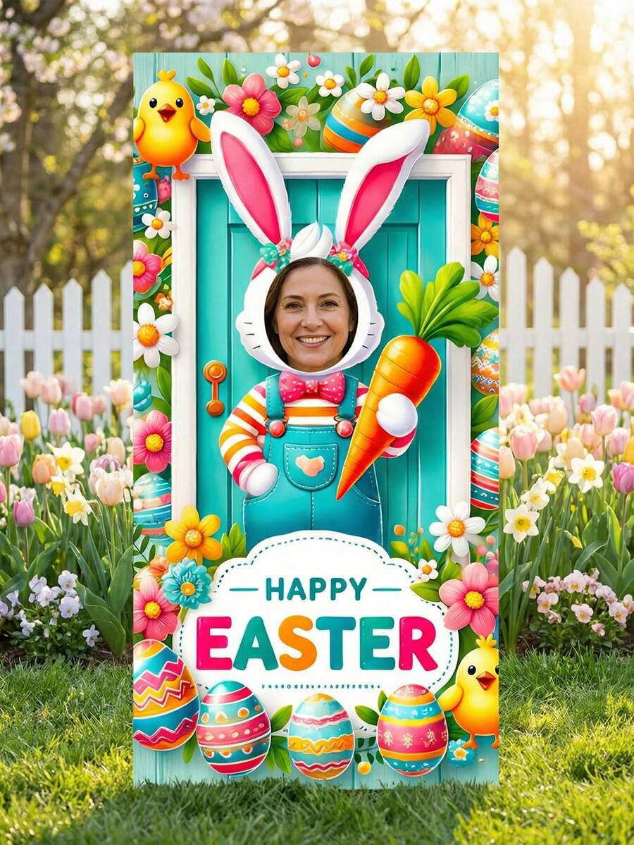 1pc Easter Theme Photography Backdrop - Colorful Rabbit Paper Cutting, Chicks, Easter Eggs, Floral And "Happy Easter" Printed Photography Backdrop, Joyful Cartoon Easter Holiday Style Polyester Photography Backdrop, Rectangular, With Rabbit Paper Cutting Design And Vibrant Pattern Details - Multicolor - View 1