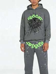 Men's Hip Hop Letter Printed Harajuku Retro Hoodie Long Sleeve Pants Set Joint Set For Men And Women 2PC Oversized Hoodies - Xám - Xem 1