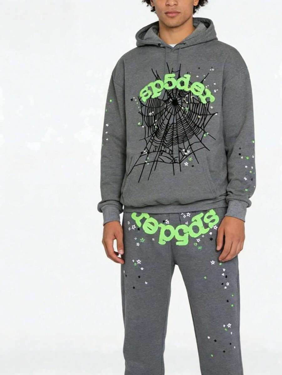 Men's Hip Hop Letter Printed Harajuku Retro Hoodie Long Sleeve Pants Set Joint Set For Men And Women 2PC Oversized Hoodies - Xám - Xem 1