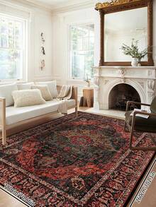 1pc Vintage Distressed Style Rug, Red Bohemian Moroccan Polyester Fiber Comfortable, Rectangular Easy Care Washable Area Carpet For Living Room, Hallway, Bedside, Home Decor