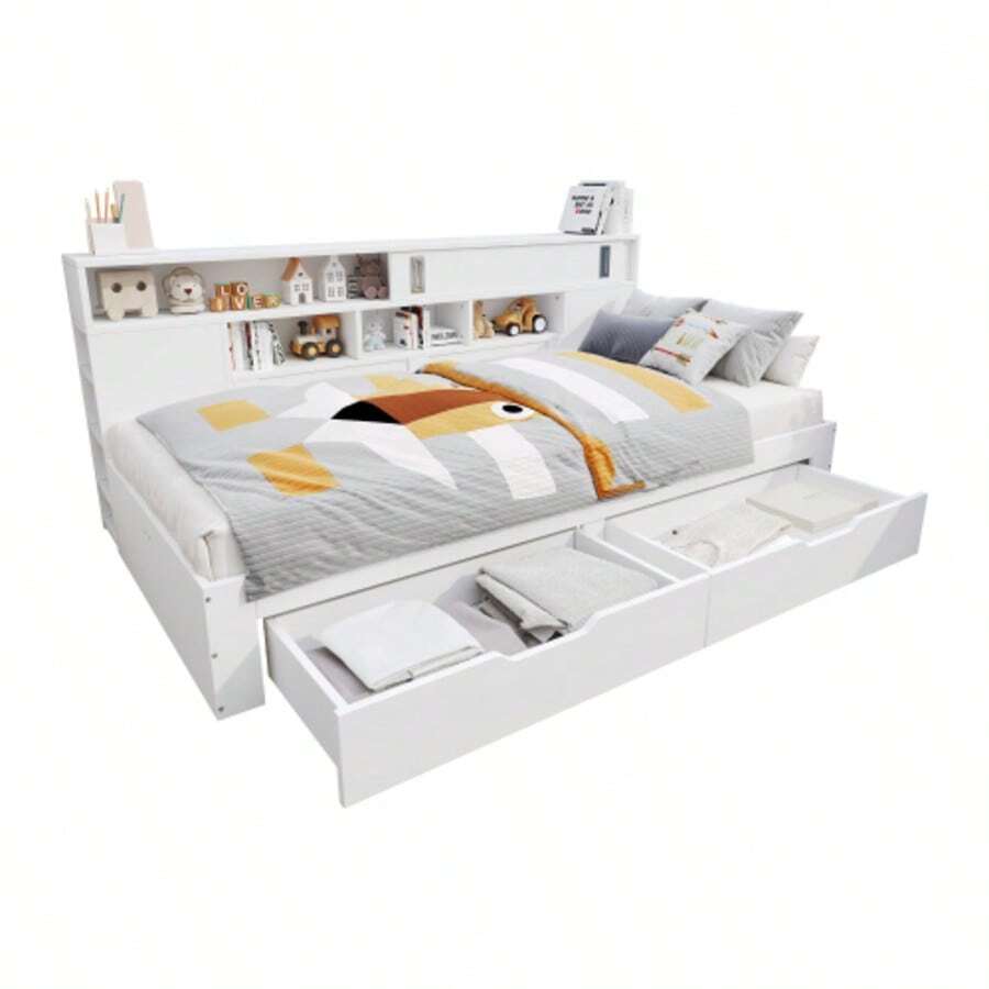Daybed, Baby Bed, 90*200 Cm, Single Bed, Multifunctional Bed With Drawers, Shelves And Compartments, With Storage, Mattress Not Included - White - View 1
