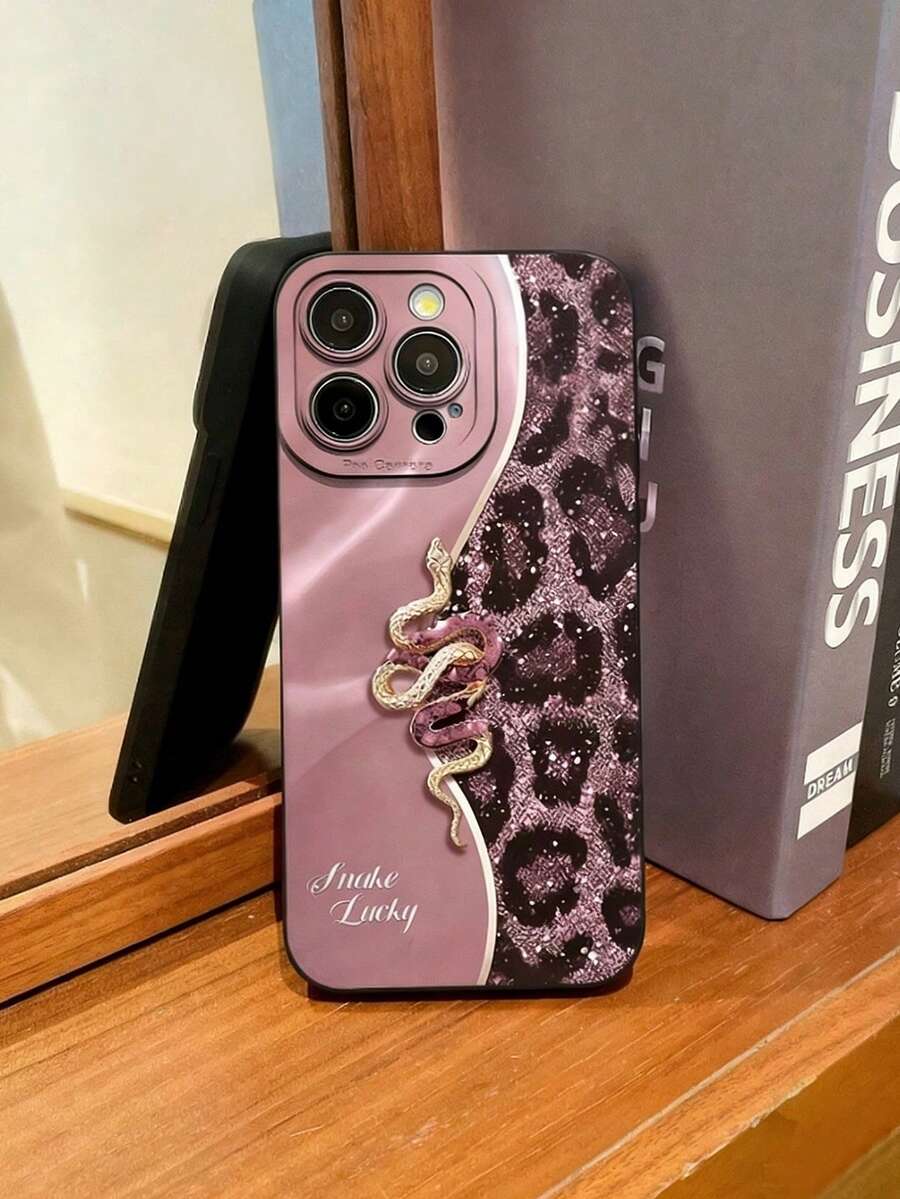 1pc Fashionable Leopard & Snake Skin Graphic Matte Black TPU Protective Phone Case, Suitable As Gift For Boyfriend/Girlfriend, Compatible With Apple, OPPO, Vivo And Other Android Phones - Multicolor - View 1