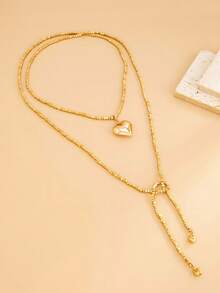 1件简约纯色街头风古币吊坠Y字形长项链，甜美方形CCB串珠颈链，适合派对、度假、送礼和日常佩戴 - 金色 - 查看 3