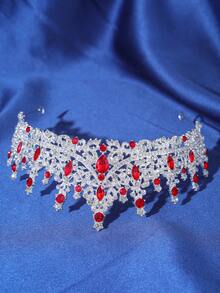 1 pièce Couronne semi-circulaire de luxe avec décoration de strass, couronne de mariée pour mariage et fête, royale pour femmes, couronnes, tiare, couronne de costume, guirlande de cheveux, couronne de tête - Rouge - Voir 5