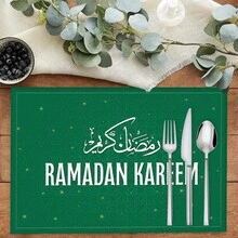 1pc/4pcs/6pcs Arabic Calligraphy & Plaid Pattern Linen Placemats, Ramadan Blessings, Ramadan Gifts, Ramadan Decor, Islamic Holiday Decoration, Suitable For Dining Table, All Seasons, Washable, Home Decor, Table Mats, Coasters, Kitchen Dining Mats, Indoor Outdoor Party Decoration, Ideal Gift - Multicolor - View 5