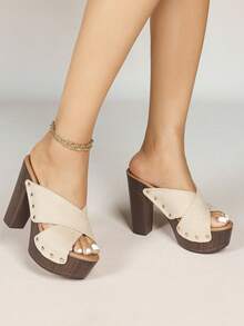 Women's Platform Sandal Heeled Sandals For Women Chunky Heel Summer Dressy Leather Peep Toe Mule Sandals Heel Shoes - 杏色 - 查看 2