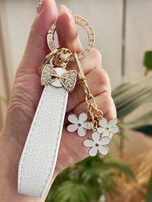 Crystal Bow Flower Keychain Pendant, Luxury Women's Car Key Accessory, Elegant PU Leather Fashion Keyring Gift - Keychain - View 2