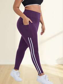 大码女式高腰显瘦瑜伽裤，白色侧条纹装饰，带口袋，休闲运动跑步紧身裤，春季款 - Bold Plum - 查看 6