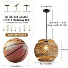 13.77-Inch Handwoven Willow Rattan Pendant Light, Bohemian 1-Light Modern Coastal Hanging Lamp, Suitable For Dining Room, Bedroom, Kitchen, Farmhouse, 1 Pack - 35cm Diameter Hollow - View 8