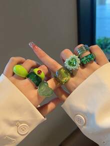 女款時尚個性戒指組，多色多款可選，熱銷多彩透明粉色橘色紫色藍色綠色黃色深紅色米色棕色玫瑰紅彩色寬面心形水鑽大戒指，3/4/5/6/7/8/9/10/11/12件組 - 彩色 - 查看 50