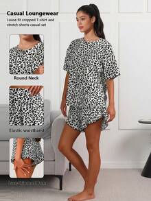 1 Set Women Loose Fit Leopard Print Pajama Set, Home Wear Suit For Spring/Summer - Black - View 1