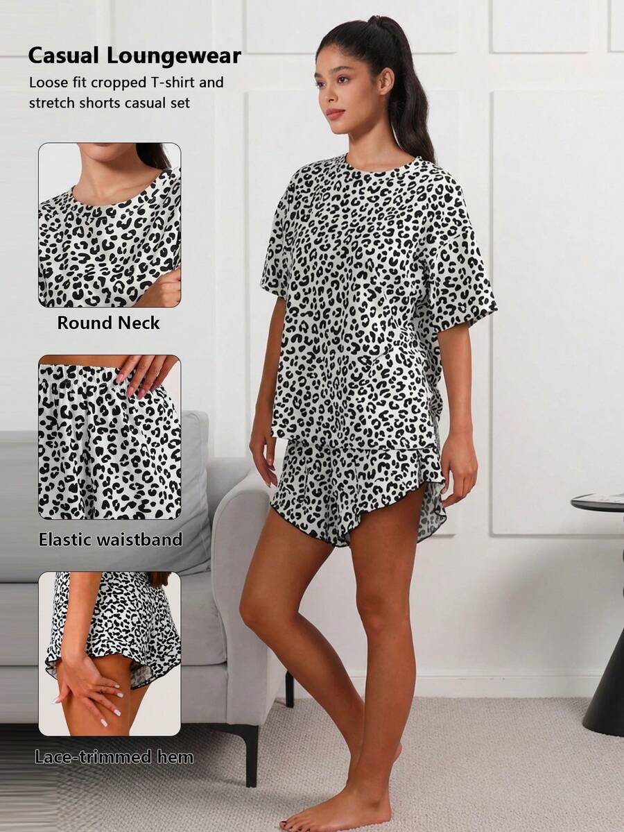 1 Set Women Loose Fit Leopard Print Pajama Set, Home Wear Suit For Spring/Summer - Black - View 1