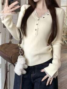 女士优雅V领蕾丝拼接打底毛衣，法式针织上衣，适合秋冬季穿着