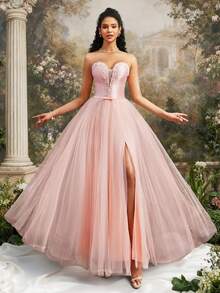 VIPGIRL Đầm dạ hội màu hồng thanh lịch không dây vai, chất liệu lưới, với phần thân áo ôm sát đính hạt, chân váy voan mỏng bồng bềnh, dài đến sàn, đầm dạ hội dành cho nữ, đầm dự tiệc. - Bụi hồng - Xem 3