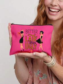 “迟到总比不到好”化妆品和洗漱用品收纳包 - 红色和金色复古少女设计，带有标语，轻便可折叠拉链包，化妆品和洗漱用品收纳包，拉链化妆包，轻便零钱包，洗漱包，储物袋，旅行配件，购物佳品，用途广泛，适合旅行，送给女友、妻子、闺蜜的可爱礼物，情人节和斋月礼物 - 彩色 - 查看 16