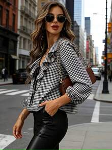Women's Tie-Up Black & White Plaid Layered Ruffle Collar Blouse, Checkered Shirt Design Suitable For Casual Daily Commute, V-Neck Long Sleeve Loose Fit Spring - Black - View 3