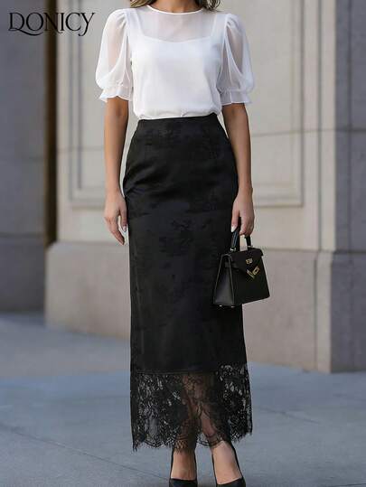 DONICY Falda midi elegante de mujer de jacquard negro, tela de satén con dobladillo de encaje, estilo de lujo retro para la oficina y fiestas por la noche