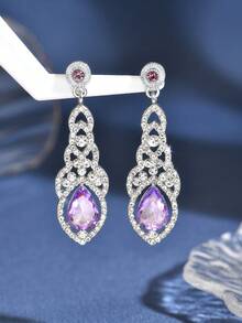 1 Pair Elegant Crystal Water Drop Bridal Wedding Earrings - Mauve Purple - View 2