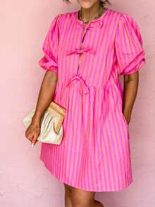 Acelitt Summer Rose Pink Striped Print Half-Button Placket Bow Tie Knot Puff Sleeve High Waist Slim Mini Dress - Multicolor - View 3