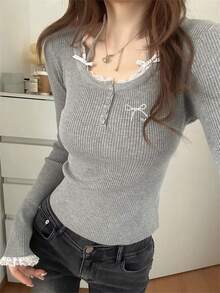 女士蕾丝拼接蝴蝶结高领长袖修身针织衫，秋冬款 - 灰色 - 查看 3