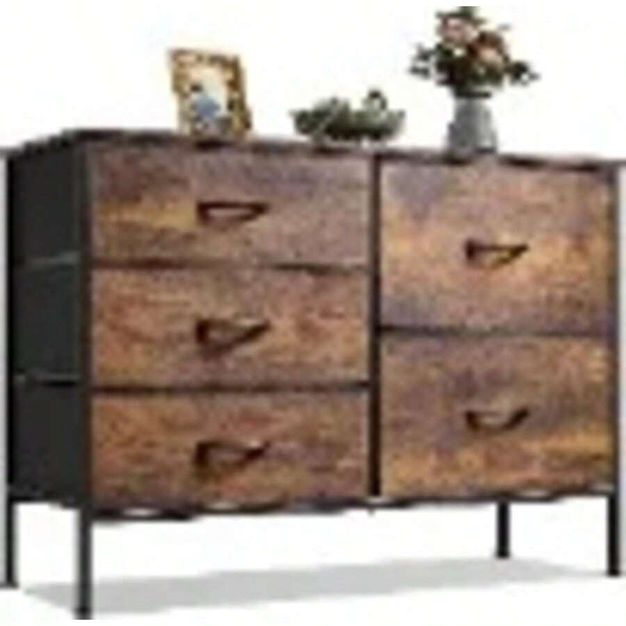 5 Drawer Dresser Bedroom, 39.4 Fabric Chest Of Drawers With Wooden Top, Storage Organizer Closet, Hallway & Living Room, Rustic Brown - Rustic Brown - 查看 1