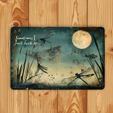 2D Flat, Vintage Dragonfly & Dandelion Metal Tin Sign - Teal Blue & Moonlit Sky Retro Wall Decor - Rust-Proof Waterproof Metal Poster - 12x8 Inch (30x20cm) For Home, Office, Bar, Cafe, Garage - Indoor/Outdoor Decoration - Perfect Housewarming Gift, Dragonfly Decor, Cafe Decoration, Nostalgic Artwork, Rustic Aesthetic, Weathered Finish, 2D Flat - Metal Spray Paint - View 1