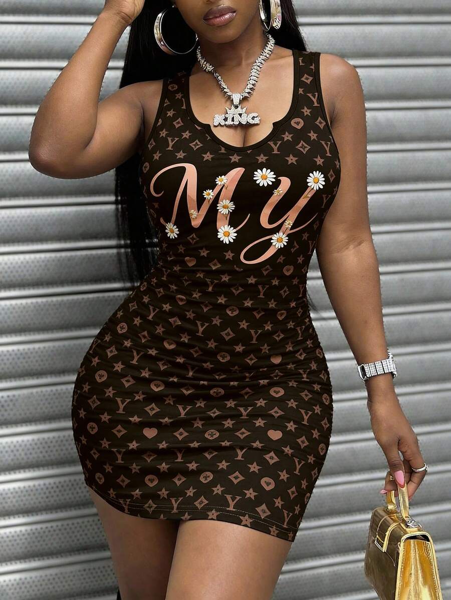 Women's Brown Letter Print Bodycon Mini Dress, Daisy Pattern Sexy Hip Hop Party Club Summer Street Queen Style - Multicolor - View 1