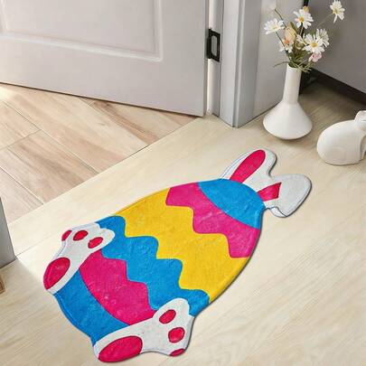1件卡通彩色兔子印花地毯/家居装饰地毯/卧室地毯，羊毛般柔软奢华绒面地毯 - 防滑、可机洗、低过敏性、耐用、易于清洁 - 蓬松舒适、温暖时尚、优雅现代风格 - 优质仿羊毛材质，超柔软、质感逼真、动物友好、纯素 - 适用于客厅、卧室、家居装饰