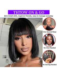 ZHENDEFA Tóc giả bob bằng tóc thật, có mái, thẳng mượt, không cần keo dán, mật độ 180%, màu đen, không có ren, làm bằng máy, dành cho nữ. - SNatural - Xem 9