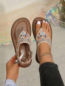 Women's Thick Sole Comfortable Sandals, Bohemian Style, Thong Sandals With Elastic Strap, Thick Sole Roman Sandals For Summer, Beach, Vacation, Home, Outdoor, Commute, Work - Multicolor - View 3