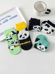 5双可爱熊猫图案女袜 - 夏季短袜 - 精致动物图案休闲日常时尚袜套装 - 彩色 - 查看 5