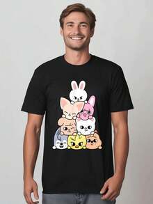 Novelty Adult Cotton Short-Sleeve T-Shirt With Kpop Group SKZ - Breathable Loose Fit Casual Summer Tee For Outdoor Activities - 黑色 - 查看 4