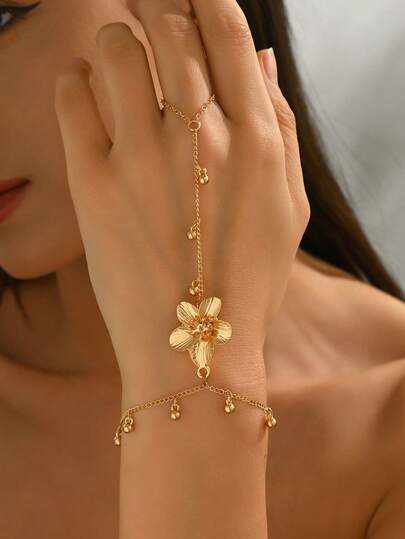 1 pieza Anillo de dedo con cadena y borla con decoración floral, joyería de metal elegante para mujeres, adecuado para uso diario, citas y sesiones de fotos. La longitud de la cadena hecha a mano se puede personalizar, la cantidad de borlas es aleatoria.