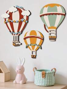 3件套手绘木制热气球墙饰，儿童房装饰，创意热气球墙饰，适用于卧室、客厅 - 彩色 - 查看 4