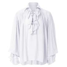 Retro Men's Shirt, Ruffle Lace Up V Neck Long Sleeve Solid Color Cosplay Prince Drama Stage Costume - 純白色 - 查看 2