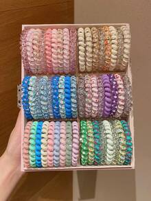 12个/套 时尚彩色螺旋发圈，可用于扎马尾、盘发，休闲佩戴，礼品