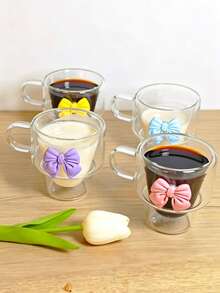 1个/4个装 180毫升双层玻璃杯，带把手，手工制作，厚玻璃，蝴蝶结装饰，可叠放，保温，适用于意式浓缩咖啡、卡布奇诺、茶和冷热饮品，独特的情人节和生日礼物 - 彩色 - 查看 13