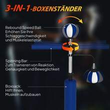 Boxing Stand, Two Speedballs, Rotating Punching Bar, Punching Pads, Adjustable Height, Steel, 107 X 36 X 140-205 Cm, Blue