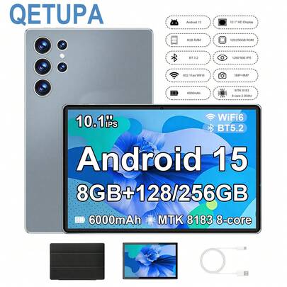 Qetupa 10.1英寸安卓平板电脑Z50，带保护套。搭载MTK8183处理器，八核2.0GHz，8GB RAM + 128/256GB存储空间（支持最高1TB SD卡扩展），1280*800高清IPS触控屏，500万像素前置摄像头 + 800万像素后置摄像头，6000mAh电池，支持802.11ax Wi-Fi 6、蓝牙5.2、GPS和Type-C充电。