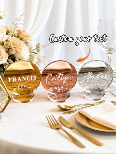 Personalized Custom Freestanding Acrylic Wedding Place Cards With Names, Initials & Dates​ – Elegant 7cm/2.75in Round Acrylic Cards In Gold, Silver, And Rose Gold Mirrors. Supports Custom Text (E.G., "Caitlyn", "FRANCIS", "Amber") And Date (E.G., 16.08.23). Ideal Wedding Gift For Couples, Brides, And Guests. Perfect For Receptions, Vow Renewals, And Formal Dinners.