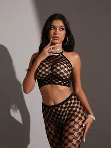 一套女士性感黑色露背上衣和渔网紧身裤内衣套装 - 黑色 - 查看 2