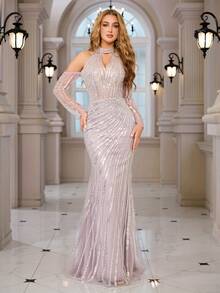Elisanya 优雅亮片美人鱼裙摆露背晚礼服，适合鸡尾酒会、毕业典礼、婚礼、宴会等场合 - 藕粉色 - 查看 4