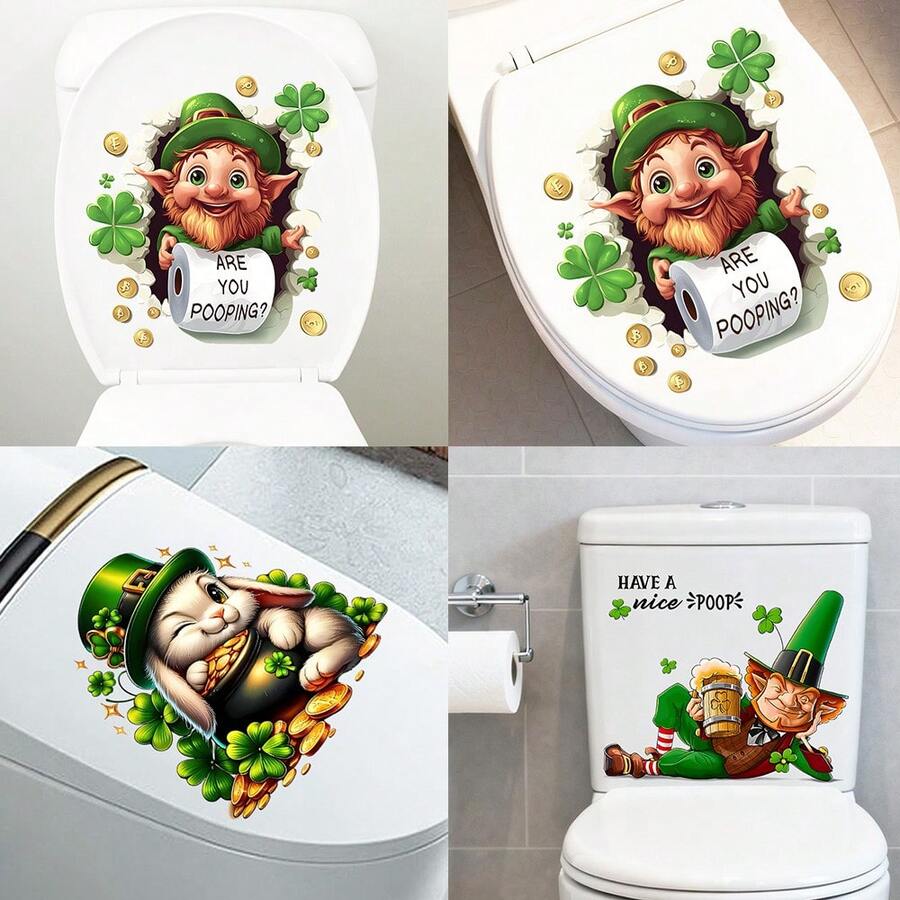 1/3 piezas Pegatina de inodoro del Día de San Patricio Duende gracioso enano que sostiene un papel Calcomanía impermeable de PVC Decoración de baño para la fiesta del festival irlandés Decoración de la tapa del inodoro Arte de pared con trébol verde Suministros - Multicolor - Ver 1