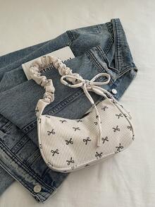 1pc White Corduroy Fabric Smooth Zipper Bow Print Drawstring Shoulder Strap Design Fashion Versatile Casual Solid Color Minimalist Autumn/Winter New Unique Shoulder Bag, Suitable For Women's Daily Use - White - View 10