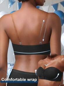 Black Glossy Push-Up Bra, Bandeau Style Design, Front Opening, Strapless, Lifting And Shaping Bust, Breathable And Stylish Back Design, Suitable For Daily Wear - Black - View 3