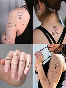 30 Sheets Black Lettering Phrase & Symbol Temporary Tattoo Stickers - Butterfly Heart Moon Minimalist Body Art For Women Men Daily Simple Chic Style - Black - View 2
