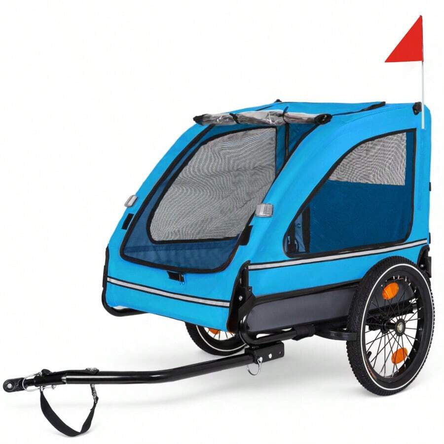 Pet Bike Trailer Dog Cart For Bicycle Suitable For Small And Medium Pets Easy Folding Cart Frame Quick Release Wheel Non-Slip Floor Internal Leash Blue+Grey - Blue+Grey + Steel1 - View 1